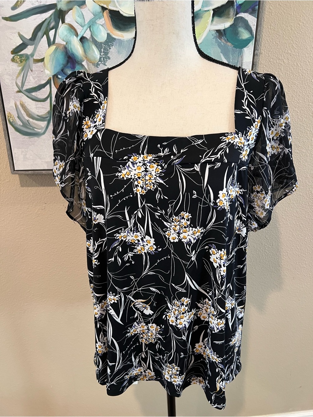 Black Floral Square-Neck Blouse with Flutter Sleeves
